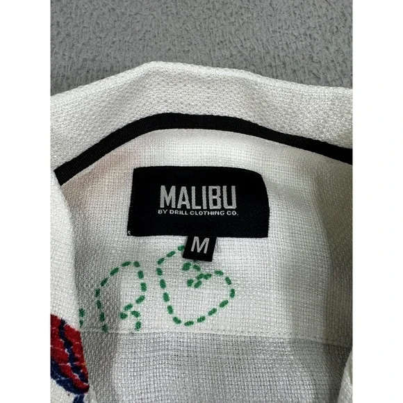 Malibu Shirt Mens Medium Ecru Button Up Lightweight Embroidered Butterflies Life - Picture 4 of 11